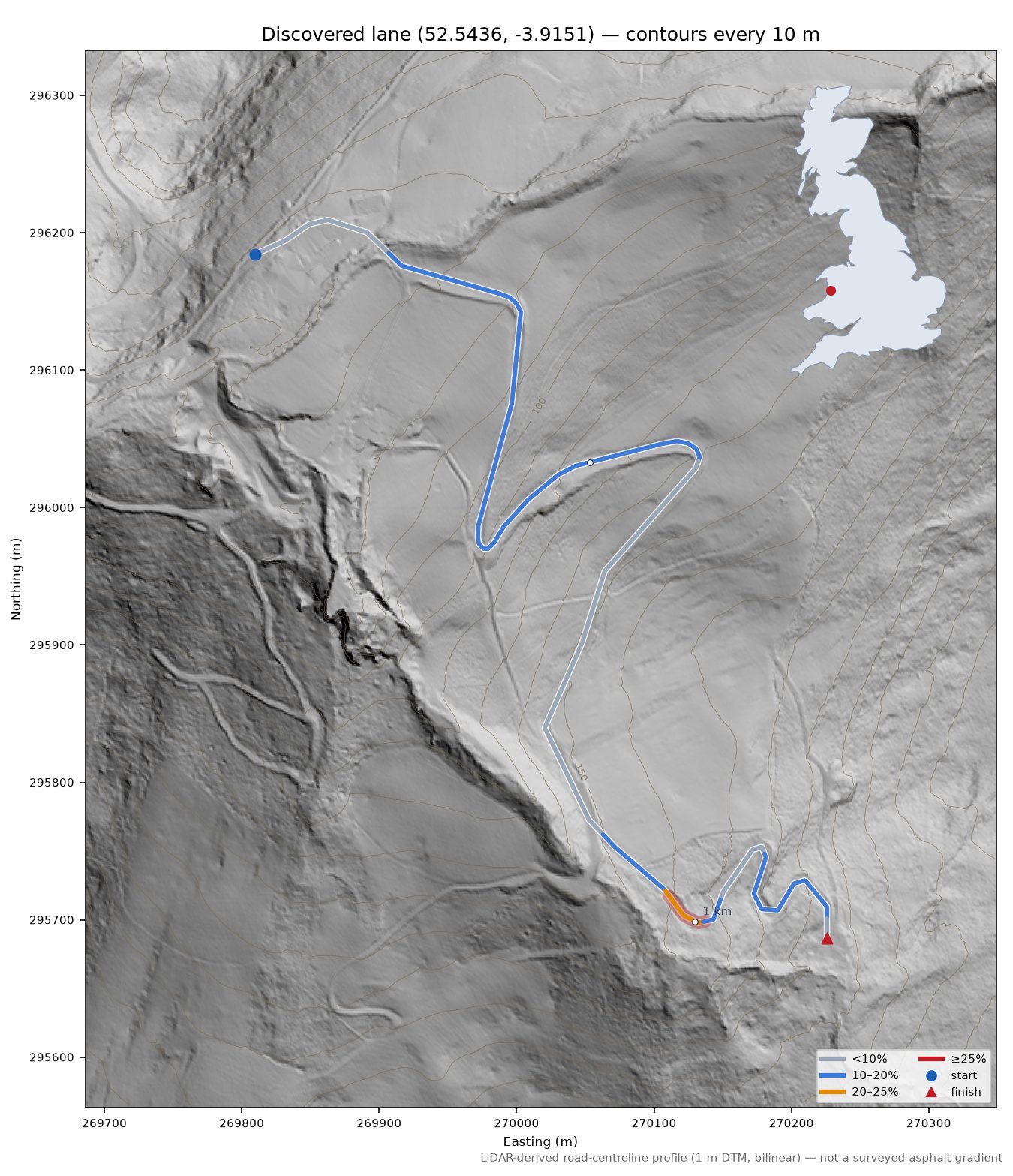 Discovered lane (52.5436, -3.9151) LiDAR hillshade map with contours
