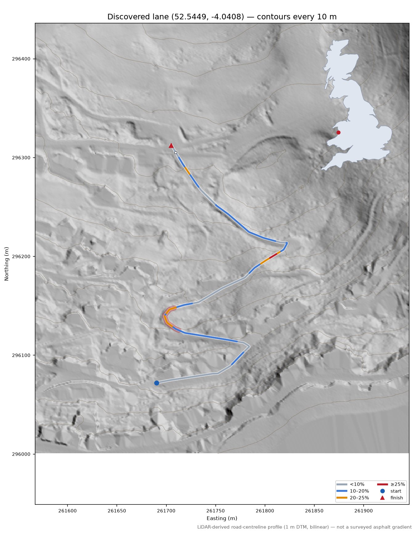Discovered lane (52.5449, -4.0408) LiDAR hillshade map with contours