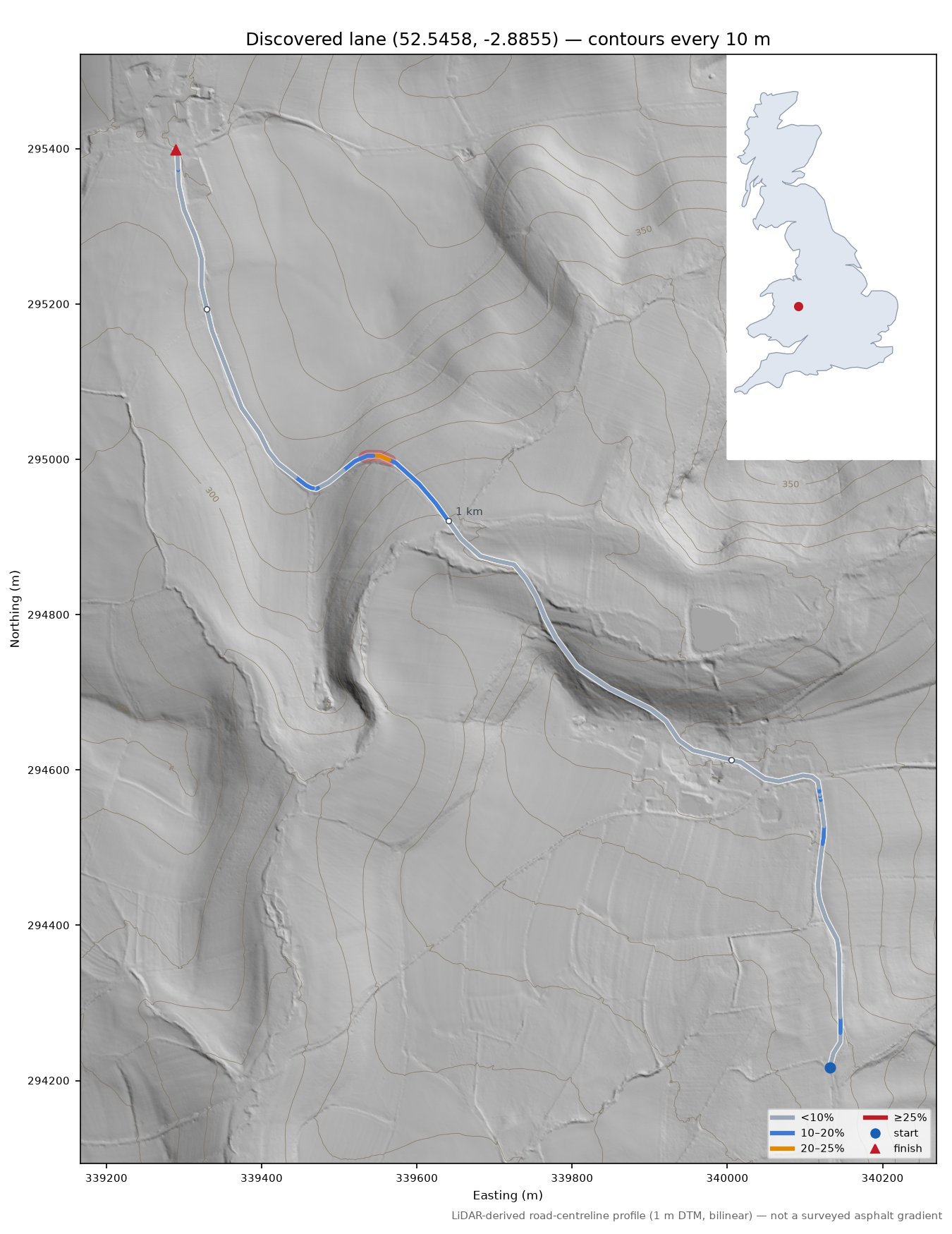 Discovered lane (52.5458, -2.8855) LiDAR hillshade map with contours
