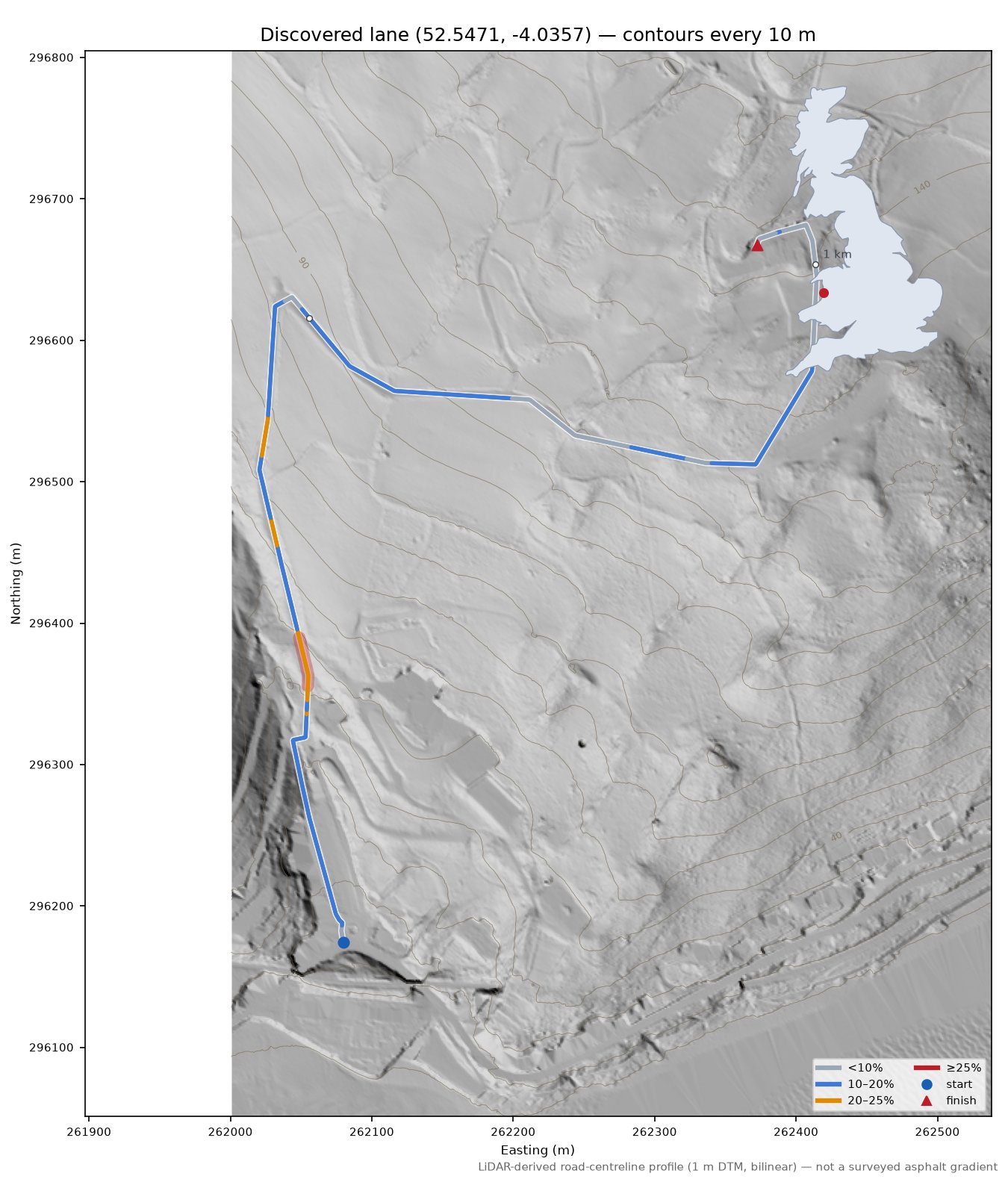 Discovered lane (52.5471, -4.0357) LiDAR hillshade map with contours