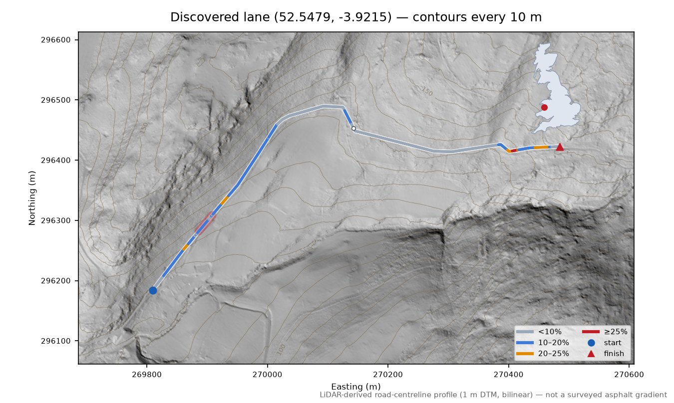 Discovered lane (52.5479, -3.9215) LiDAR hillshade map with contours