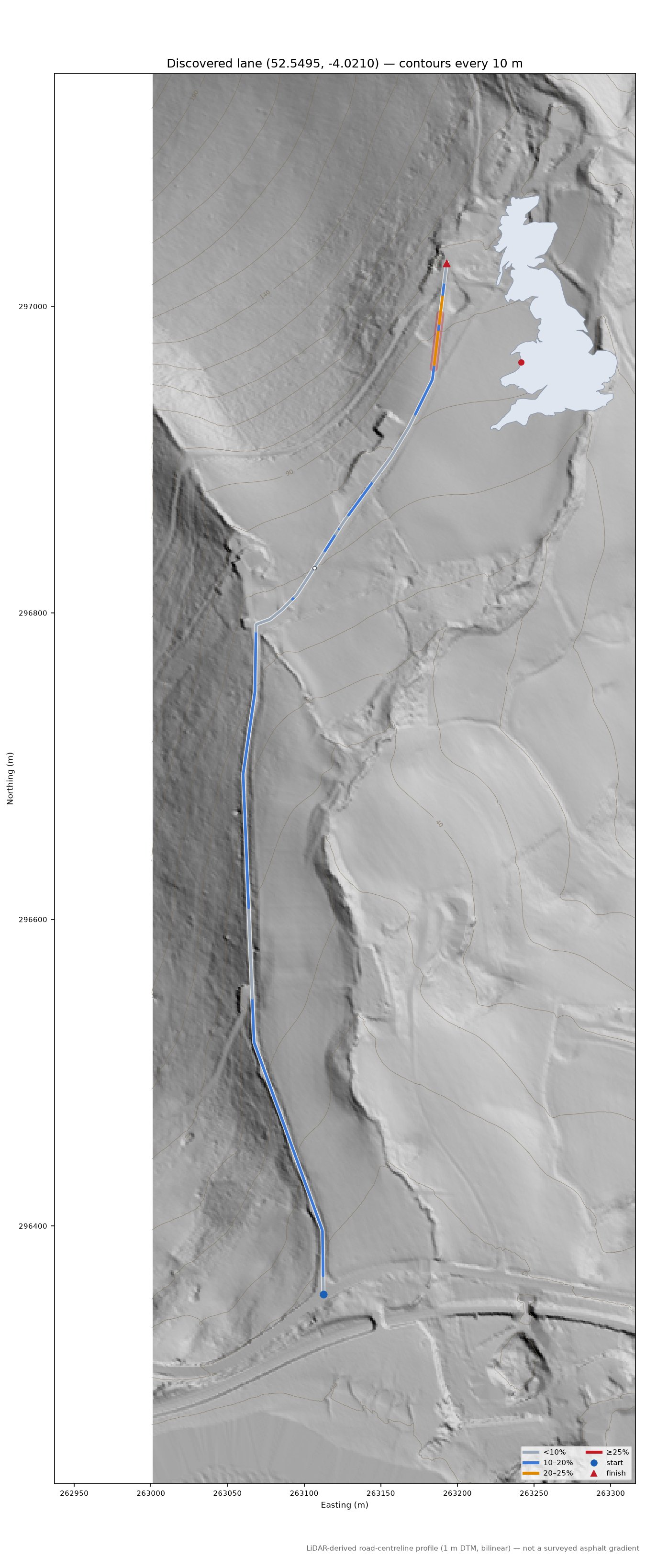 Discovered lane (52.5495, -4.0210) LiDAR hillshade map with contours