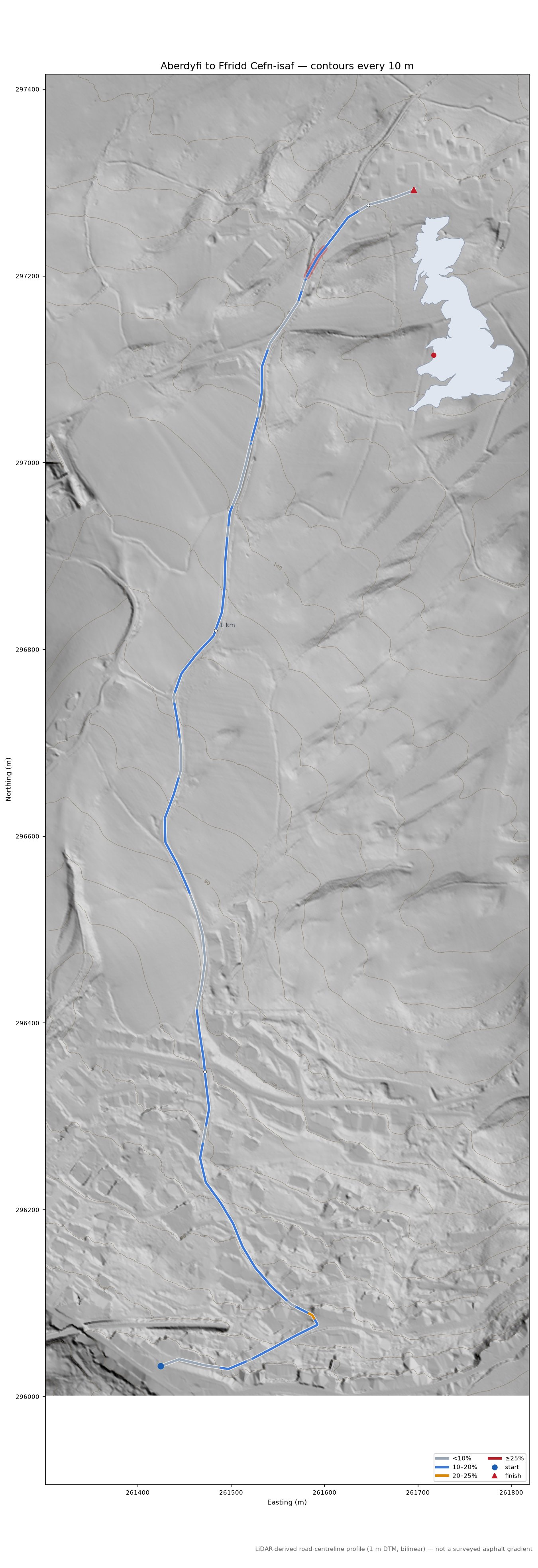 Aberdyfi to Ffridd Cefn-isaf LiDAR hillshade map with contours