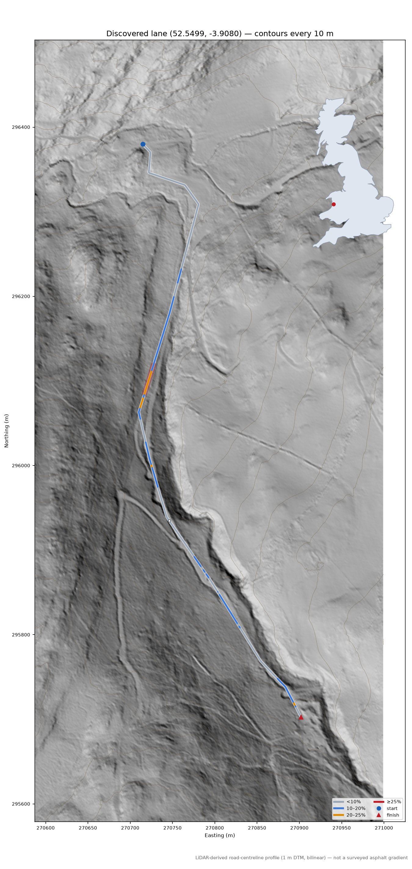 Discovered lane (52.5499, -3.9080) LiDAR hillshade map with contours