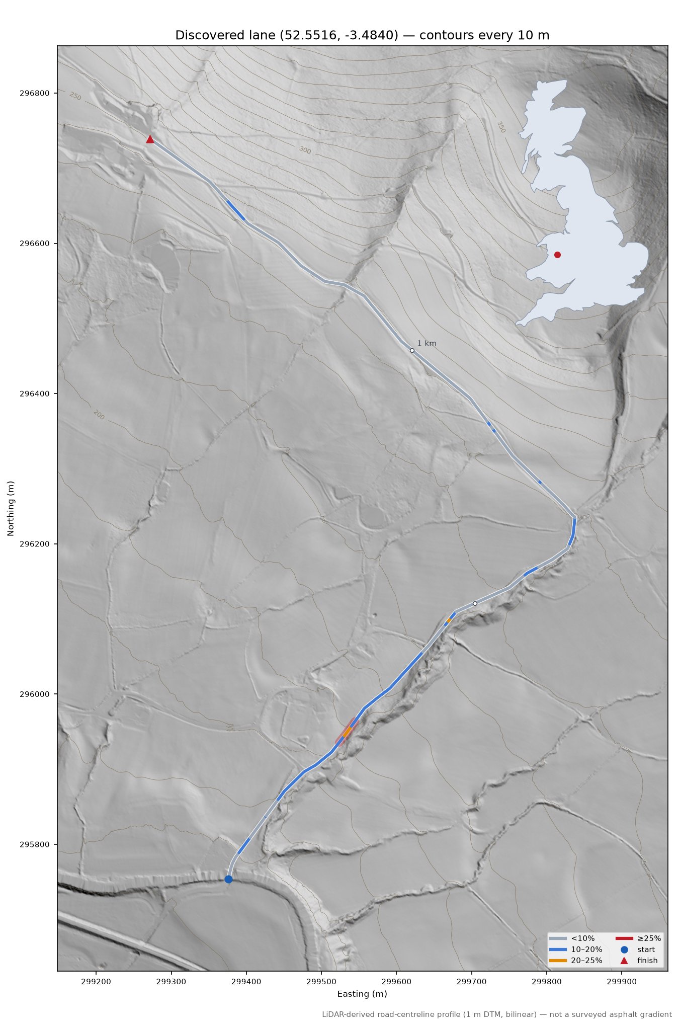 Discovered lane (52.5516, -3.4840) LiDAR hillshade map with contours