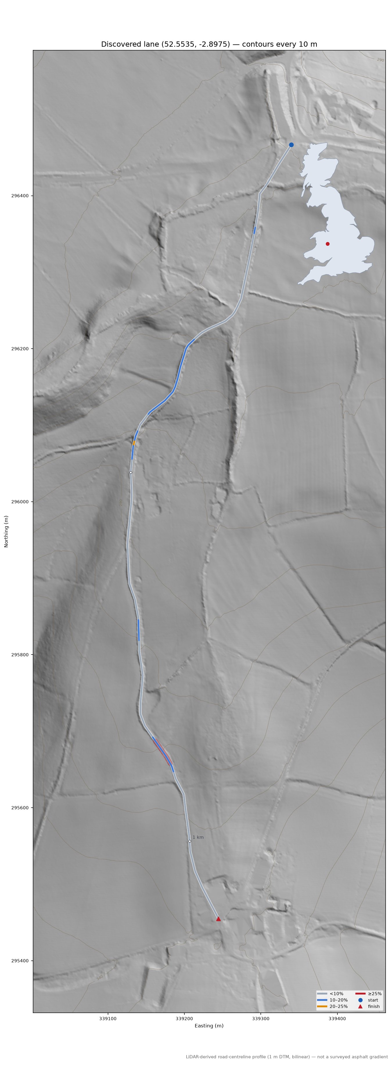 Discovered lane (52.5535, -2.8975) LiDAR hillshade map with contours