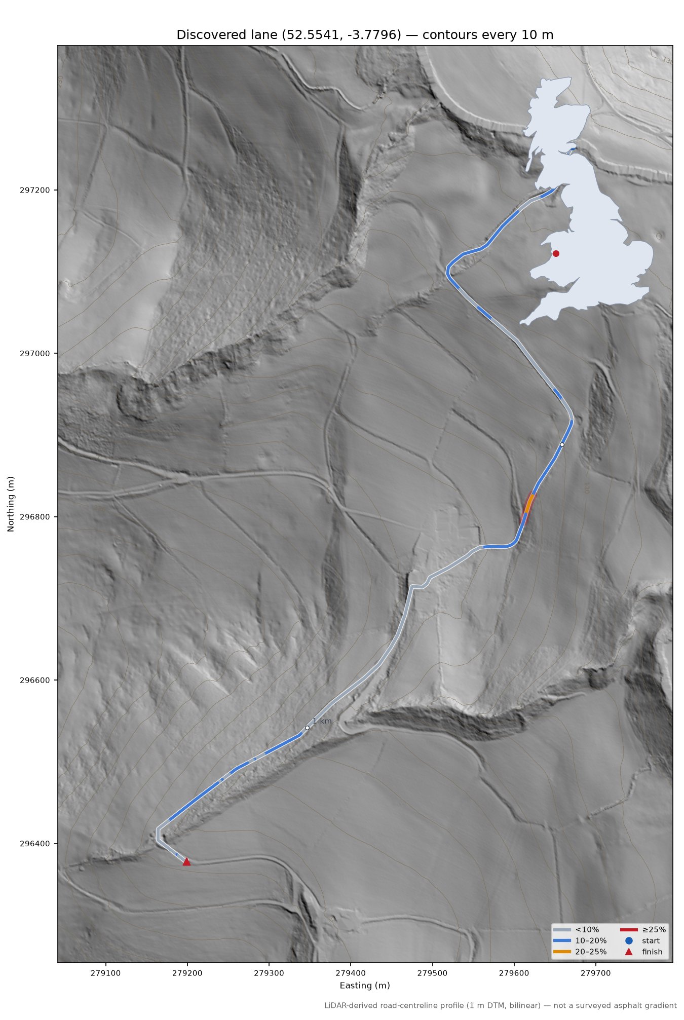 Discovered lane (52.5541, -3.7796) LiDAR hillshade map with contours