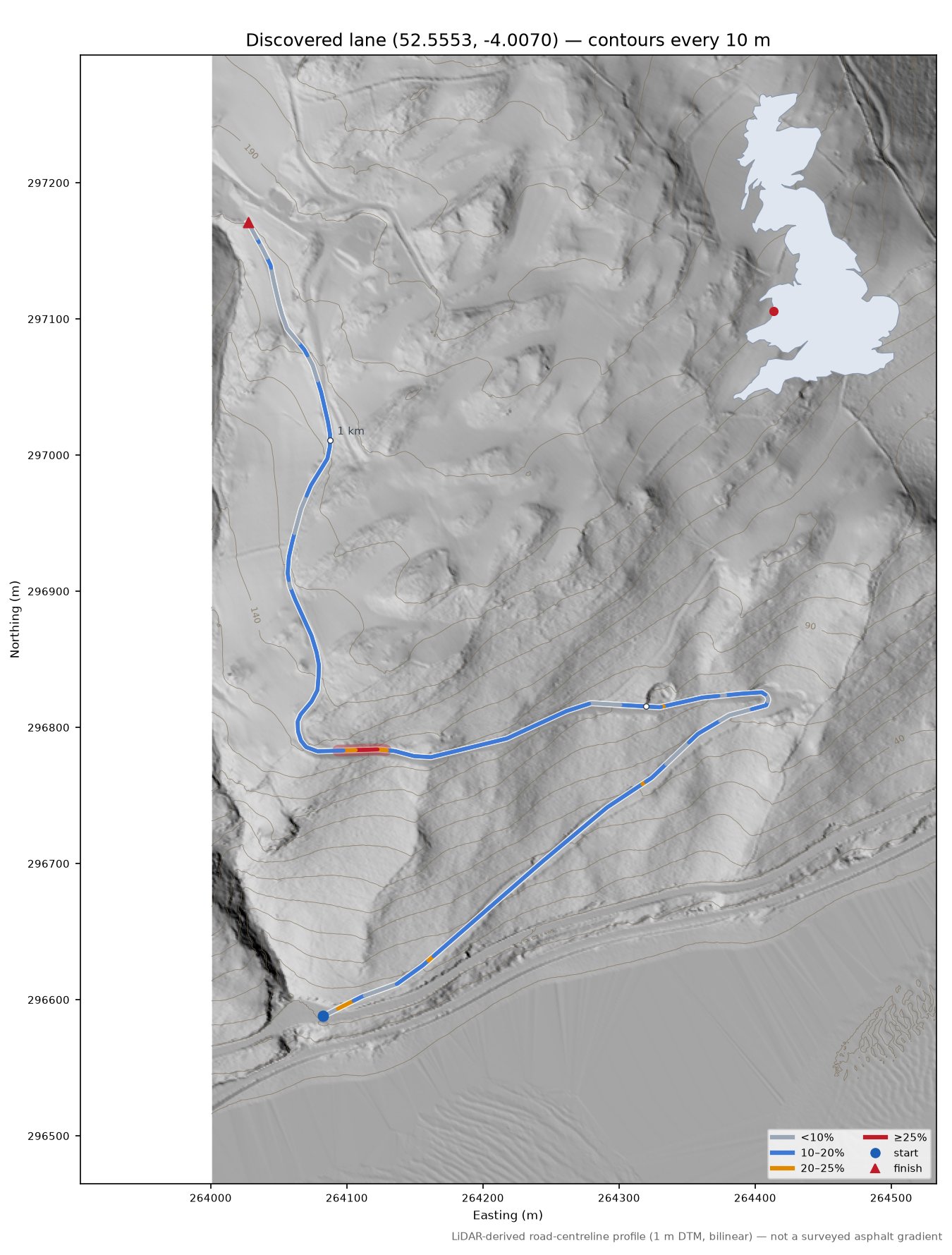 Discovered lane (52.5553, -4.0070) LiDAR hillshade map with contours