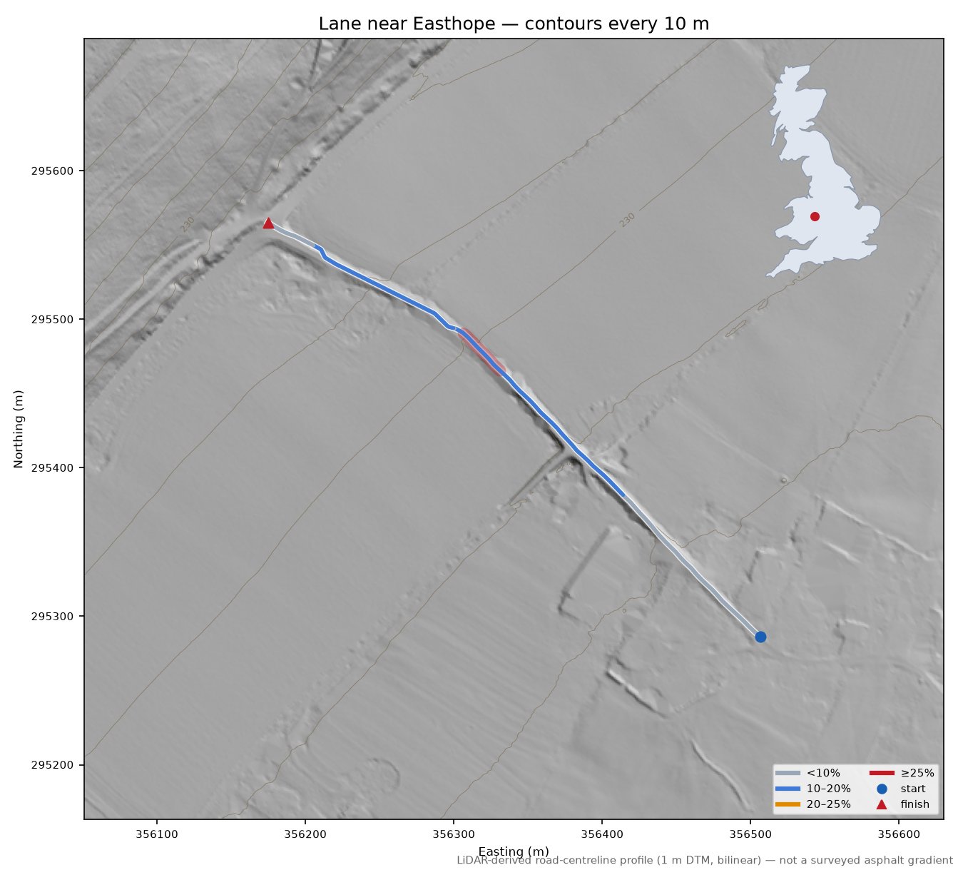 Lane near Easthope LiDAR hillshade map with contours