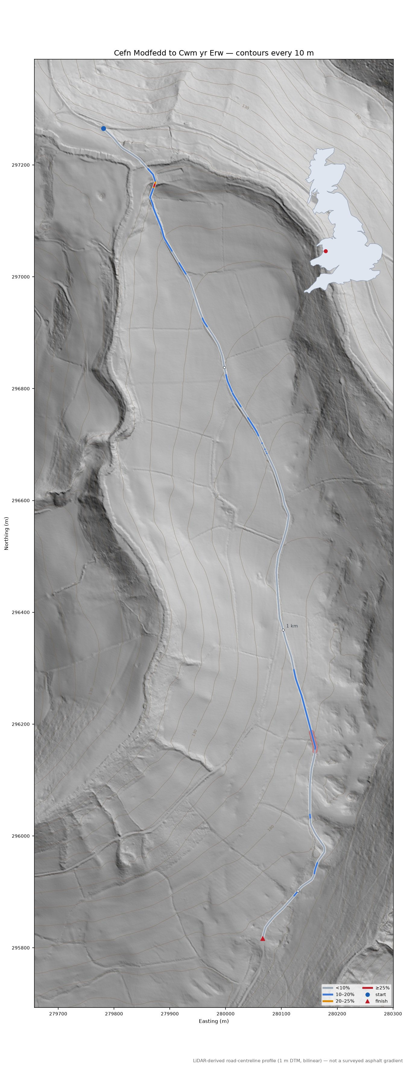 Cefn Modfedd to Cwm yr Erw LiDAR hillshade map with contours