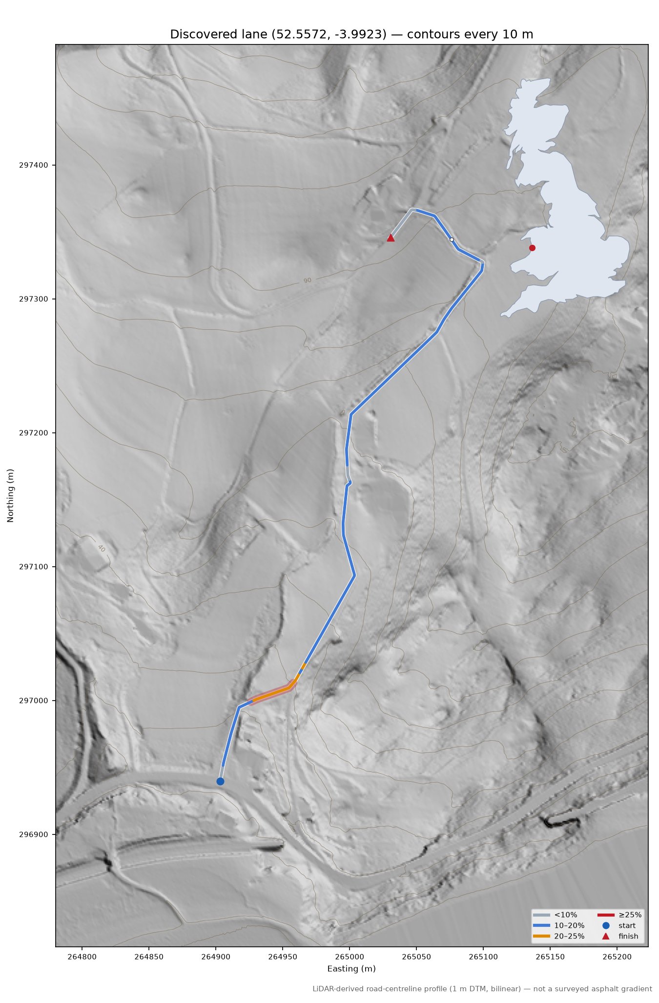 Discovered lane (52.5572, -3.9923) LiDAR hillshade map with contours