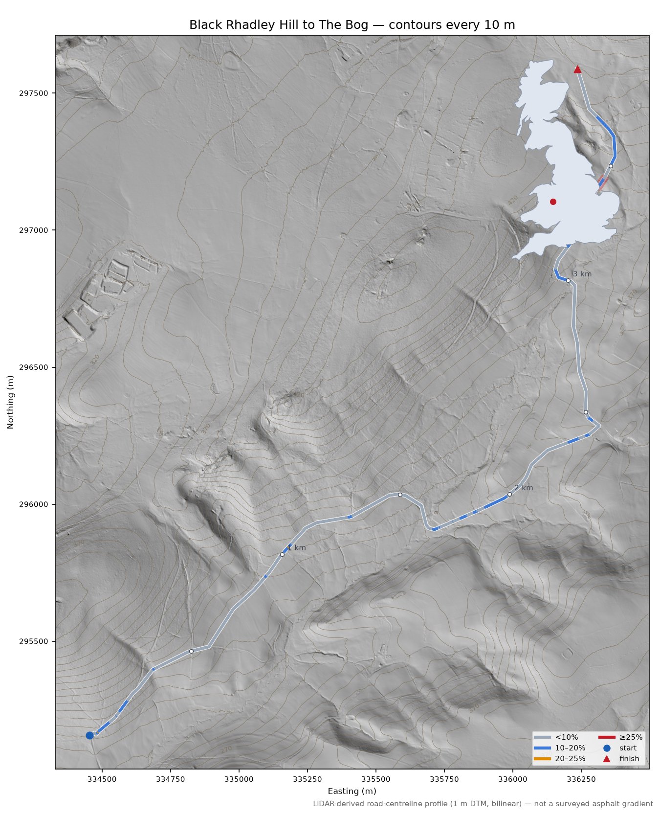 Black Rhadley Hill to The Bog LiDAR hillshade map with contours