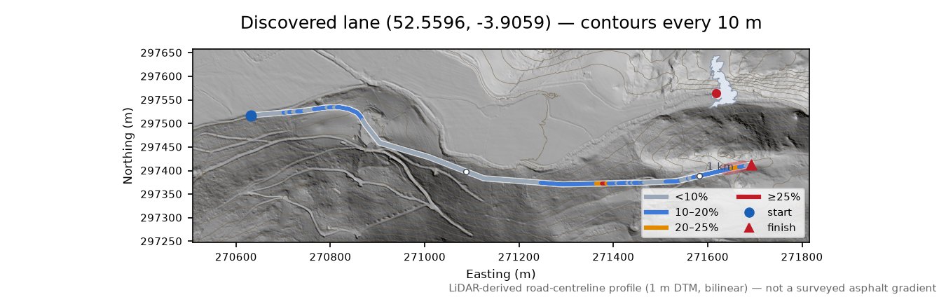 Discovered lane (52.5596, -3.9059) LiDAR hillshade map with contours