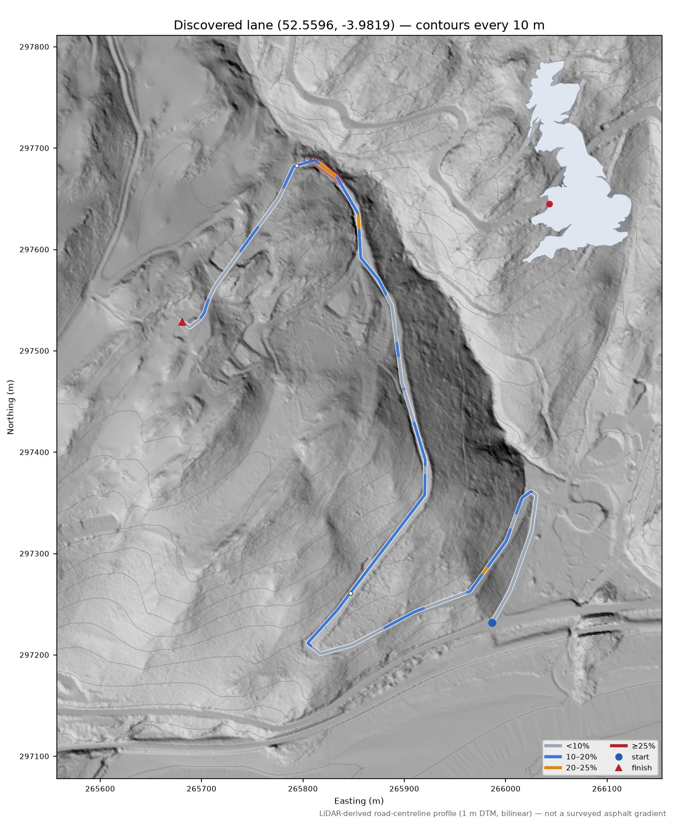 Discovered lane (52.5596, -3.9819) LiDAR hillshade map with contours
