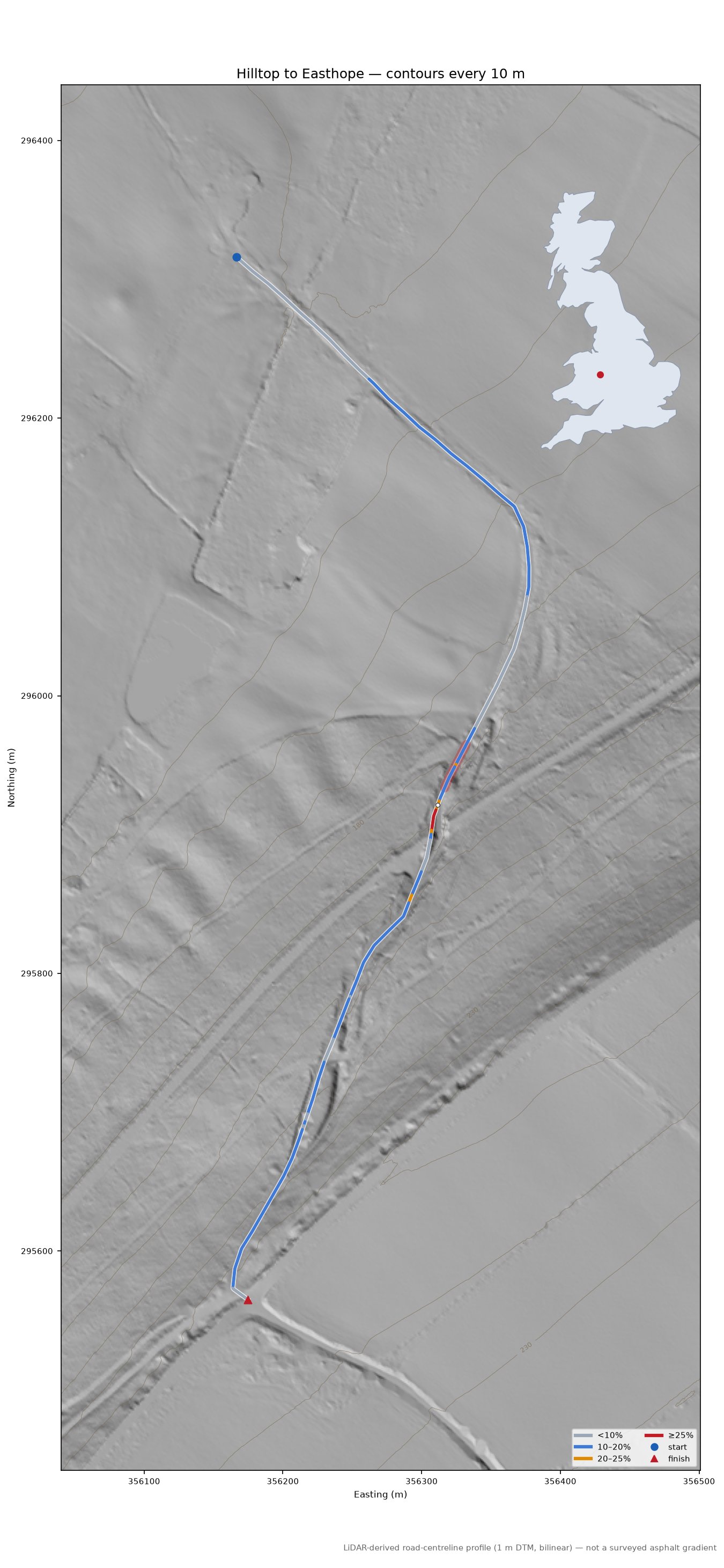 Hilltop to Easthope LiDAR hillshade map with contours