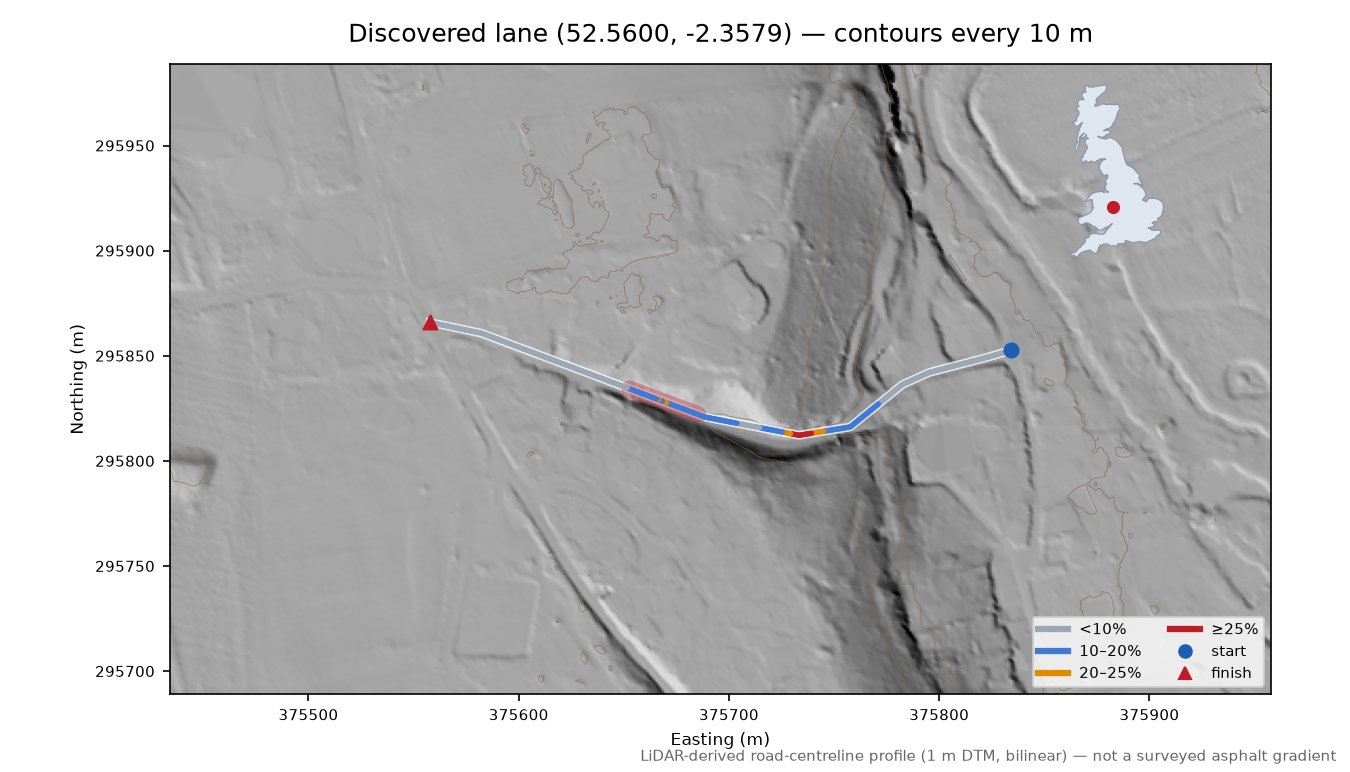 Discovered lane (52.5600, -2.3579) LiDAR hillshade map with contours
