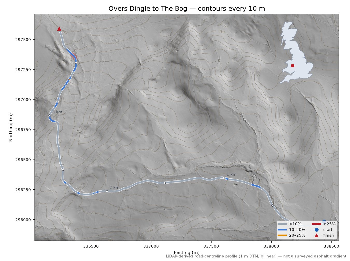 Overs Dingle to The Bog LiDAR hillshade map with contours