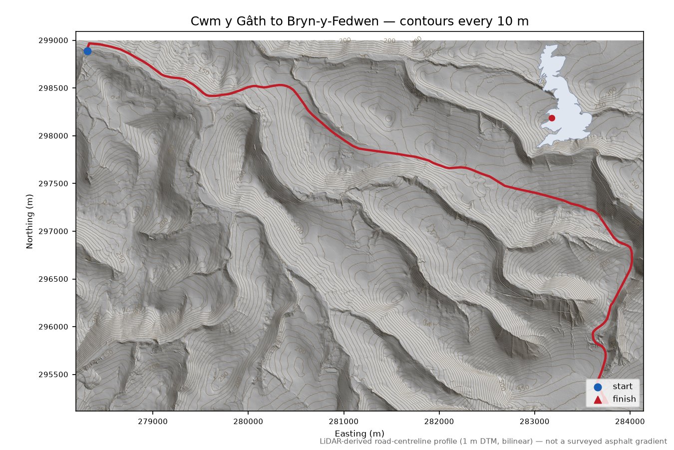 Cwm y Gâth to Bryn-y-Fedwen LiDAR hillshade map with contours