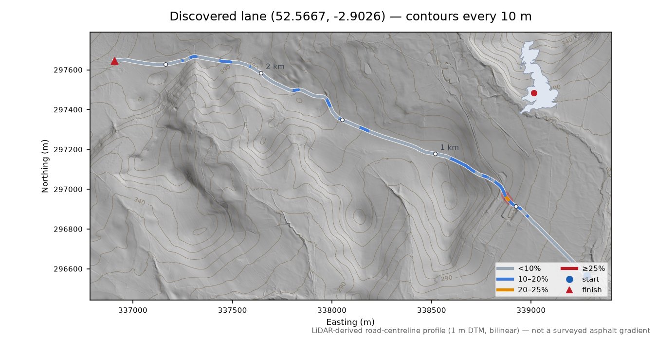 Discovered lane (52.5667, -2.9026) LiDAR hillshade map with contours