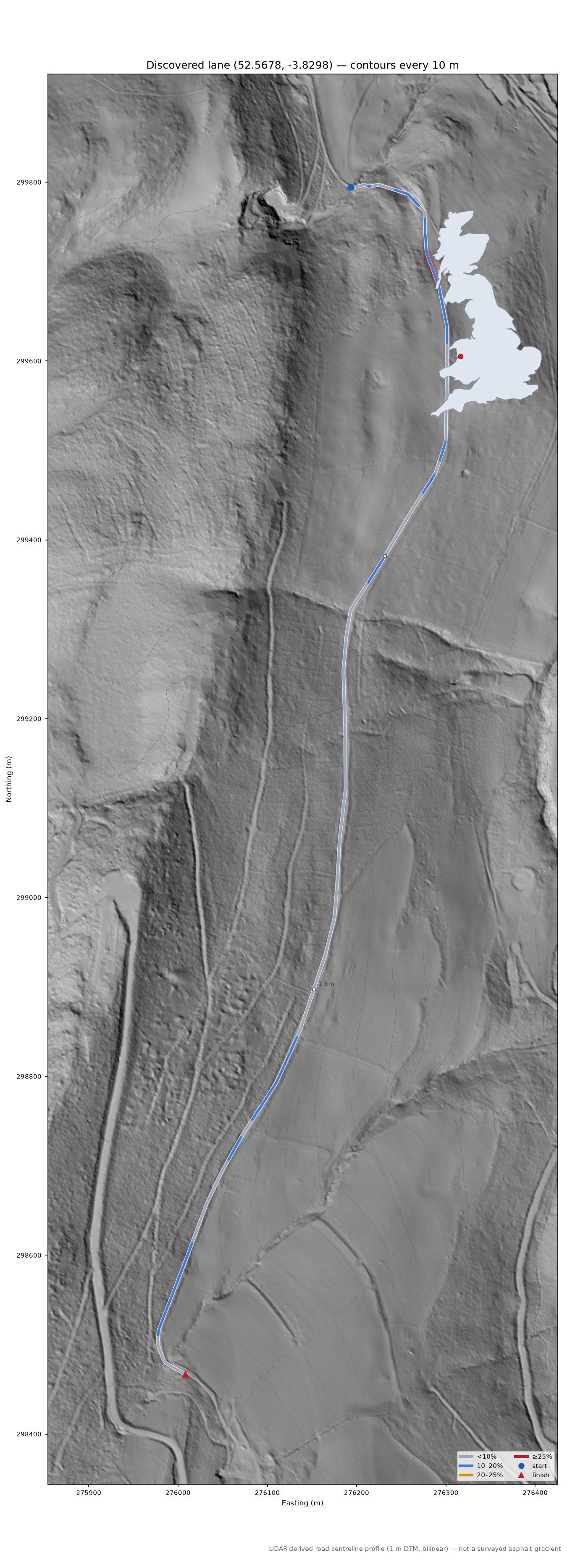 Discovered lane (52.5678, -3.8298) LiDAR hillshade map with contours