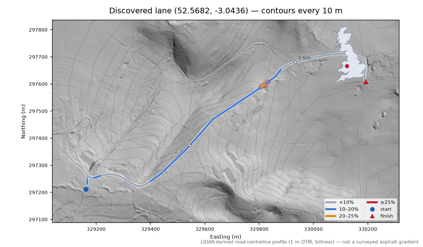 Discovered lane (52.5682, -3.0436) LiDAR hillshade map with contours