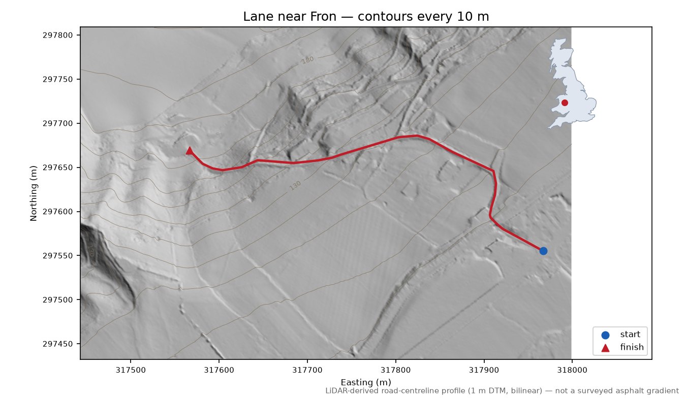 Lane near Fron LiDAR hillshade map with contours