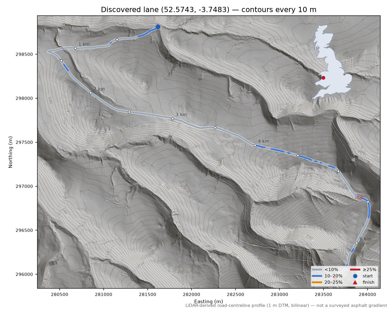 Discovered lane (52.5743, -3.7483) LiDAR hillshade map with contours