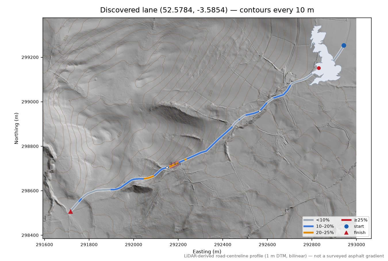 Discovered lane (52.5784, -3.5854) LiDAR hillshade map with contours