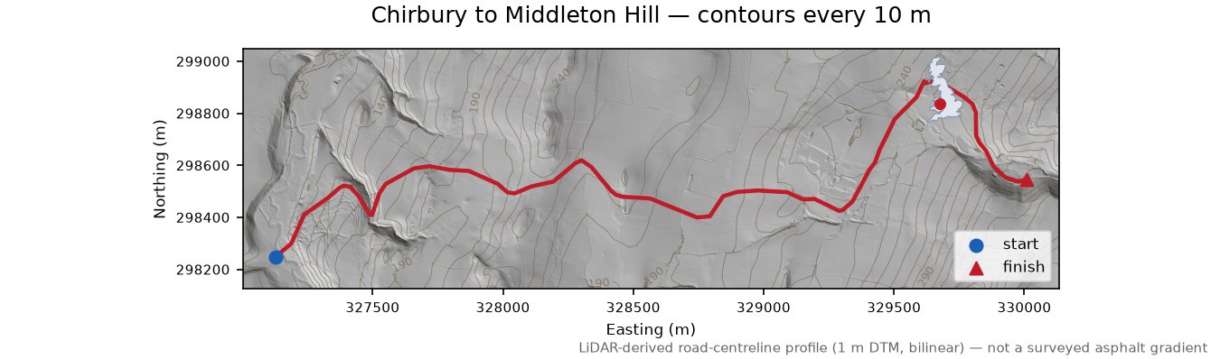 Chirbury to Middleton Hill LiDAR hillshade map with contours