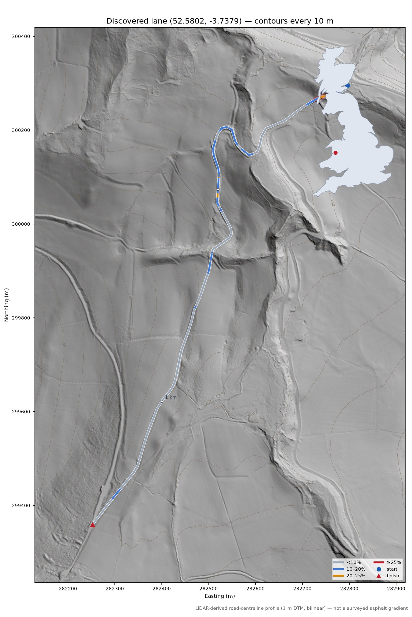 Discovered lane (52.5802, -3.7379) LiDAR hillshade map with contours