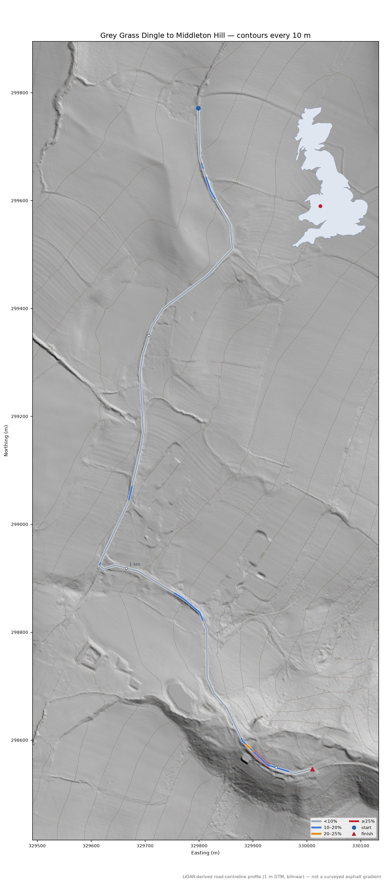 Grey Grass Dingle to Middleton Hill LiDAR hillshade map with contours