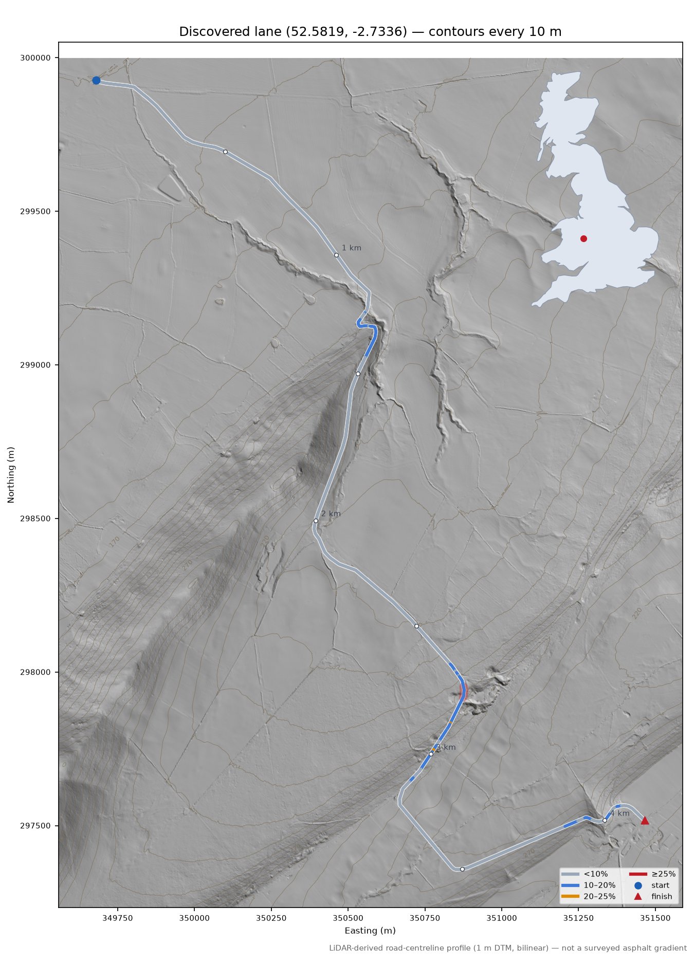 Discovered lane (52.5819, -2.7336) LiDAR hillshade map with contours