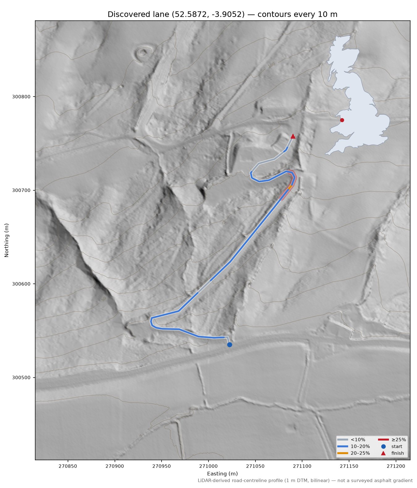 Discovered lane (52.5872, -3.9052) LiDAR hillshade map with contours
