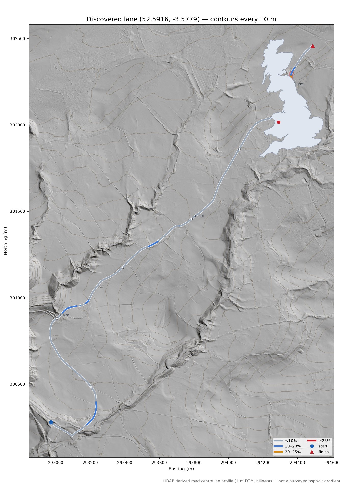 Discovered lane (52.5916, -3.5779) LiDAR hillshade map with contours