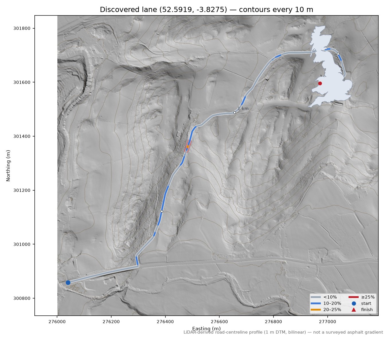 Discovered lane (52.5919, -3.8275) LiDAR hillshade map with contours