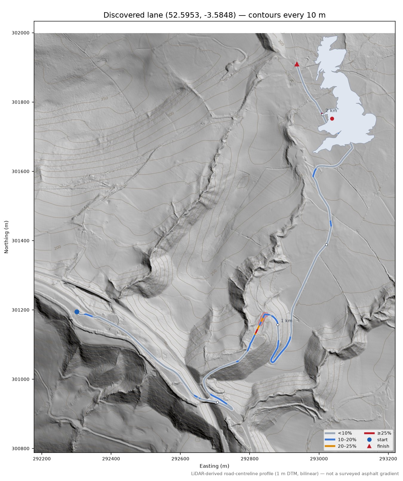 Discovered lane (52.5953, -3.5848) LiDAR hillshade map with contours