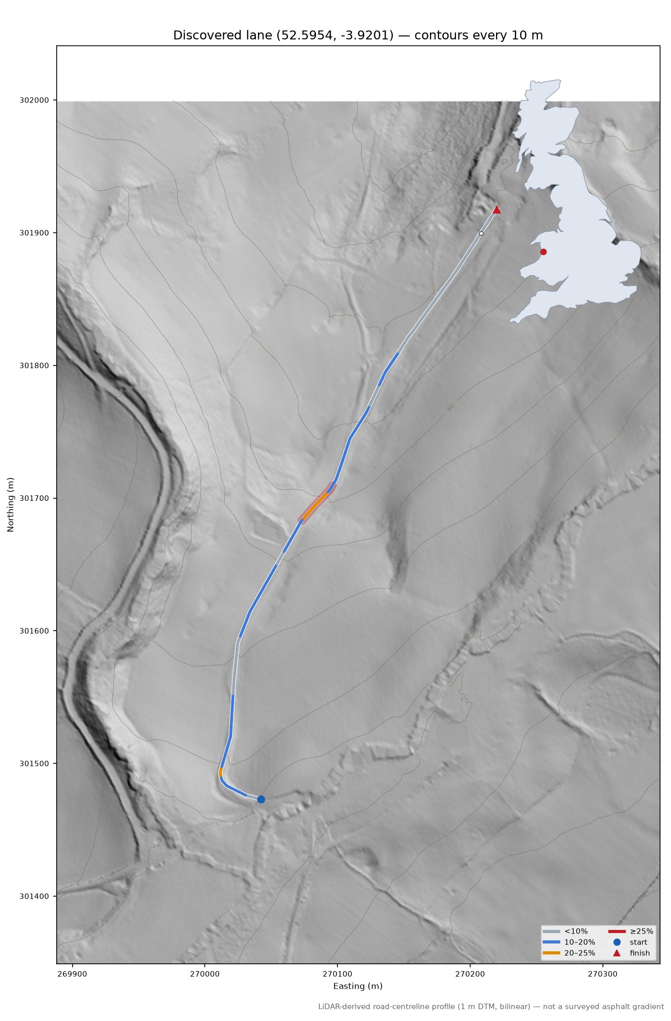 Discovered lane (52.5954, -3.9201) LiDAR hillshade map with contours
