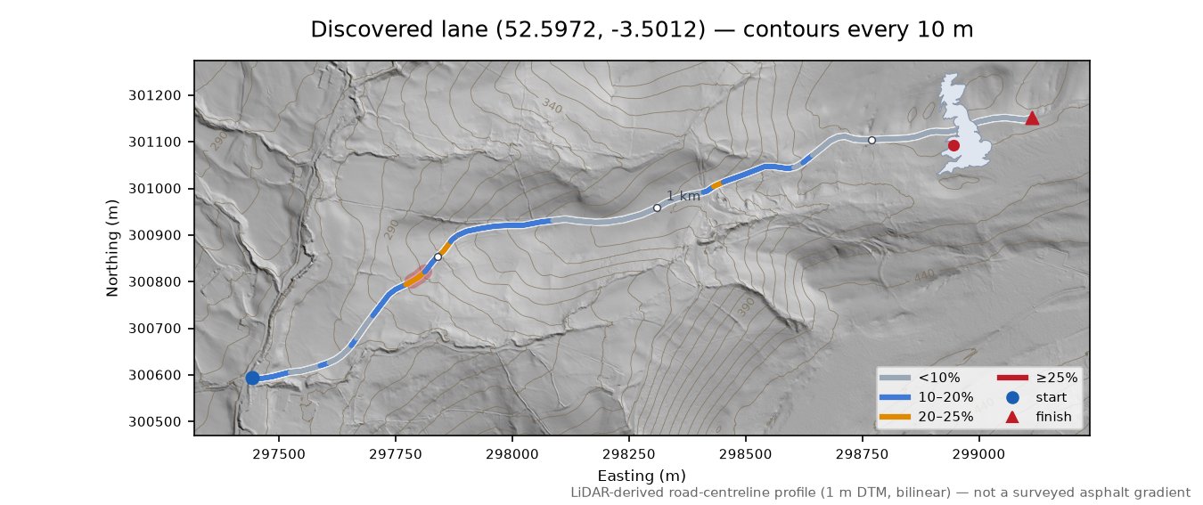 Discovered lane (52.5972, -3.5012) LiDAR hillshade map with contours
