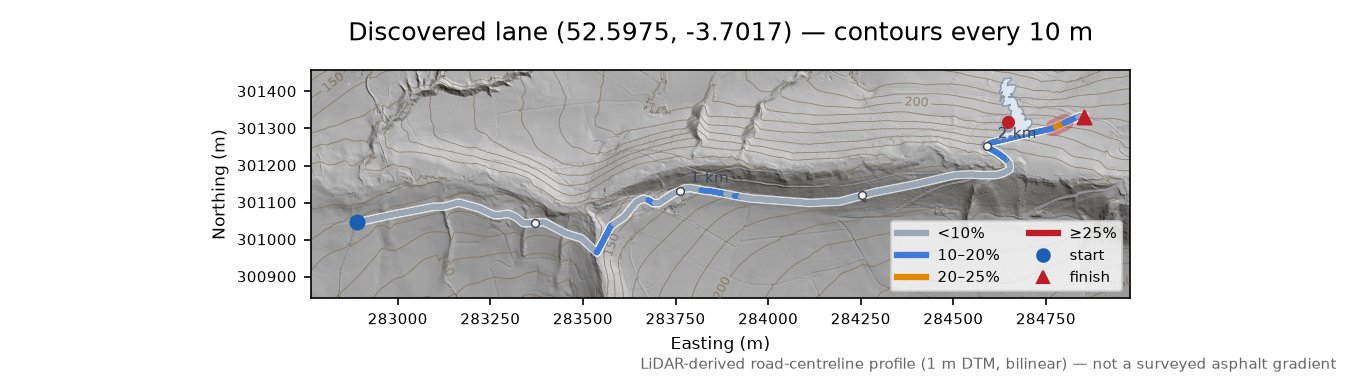 Discovered lane (52.5975, -3.7017) LiDAR hillshade map with contours