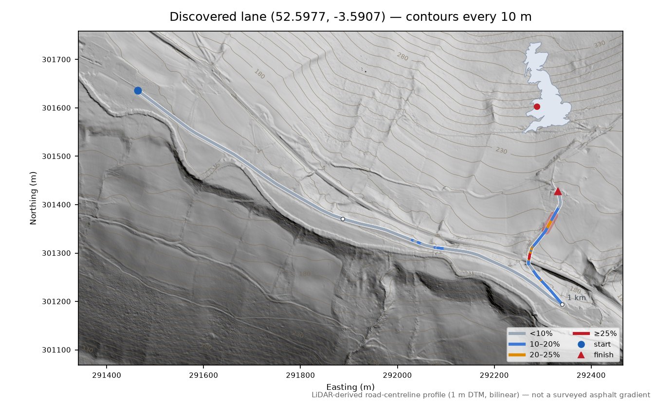 Discovered lane (52.5977, -3.5907) LiDAR hillshade map with contours