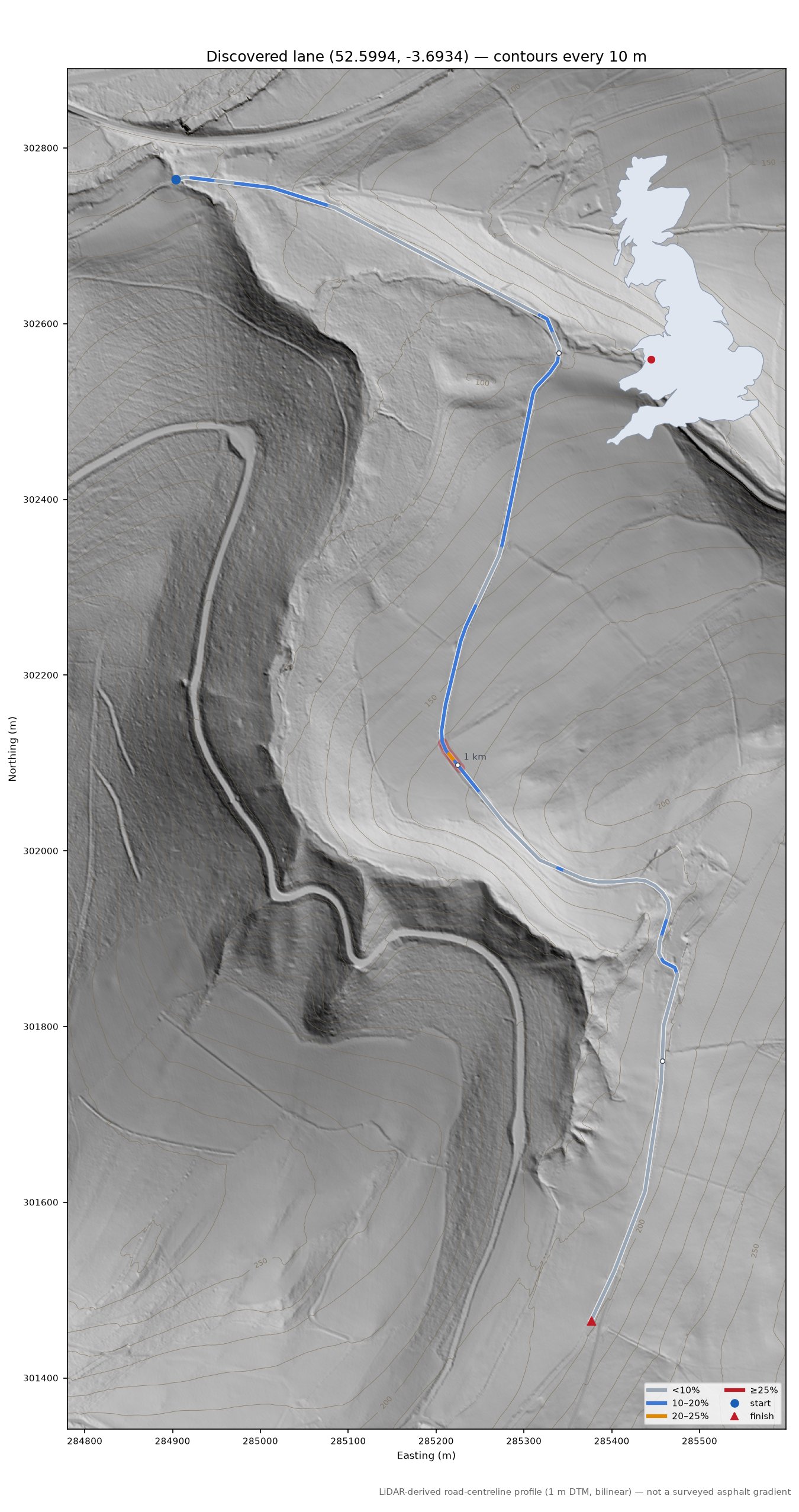 Discovered lane (52.5994, -3.6934) LiDAR hillshade map with contours