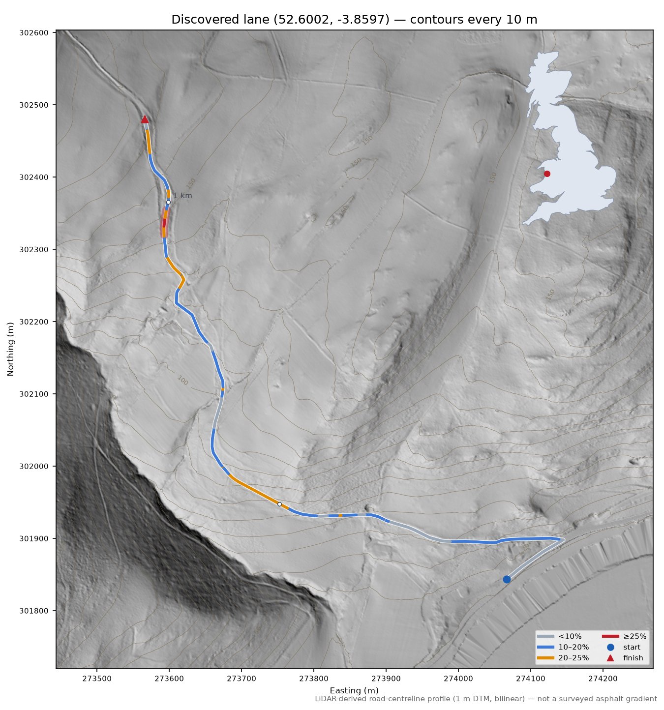 Discovered lane (52.6002, -3.8597) LiDAR hillshade map with contours
