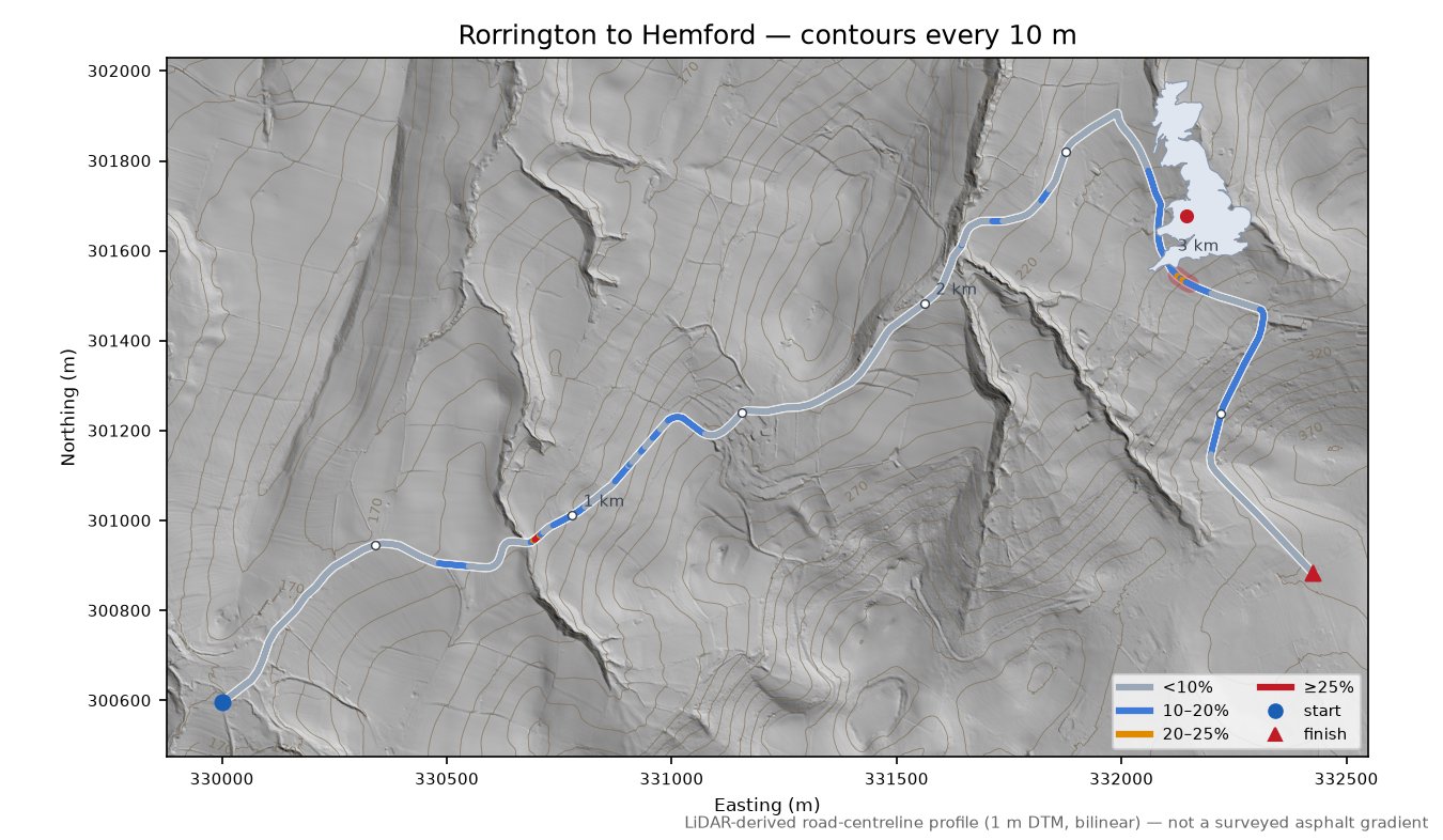 Rorrington to Hemford LiDAR hillshade map with contours