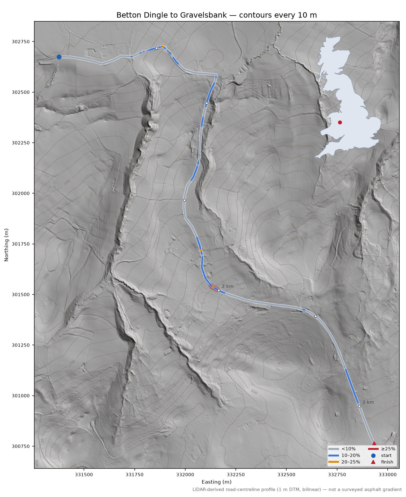 Betton Dingle to Gravelsbank LiDAR hillshade map with contours