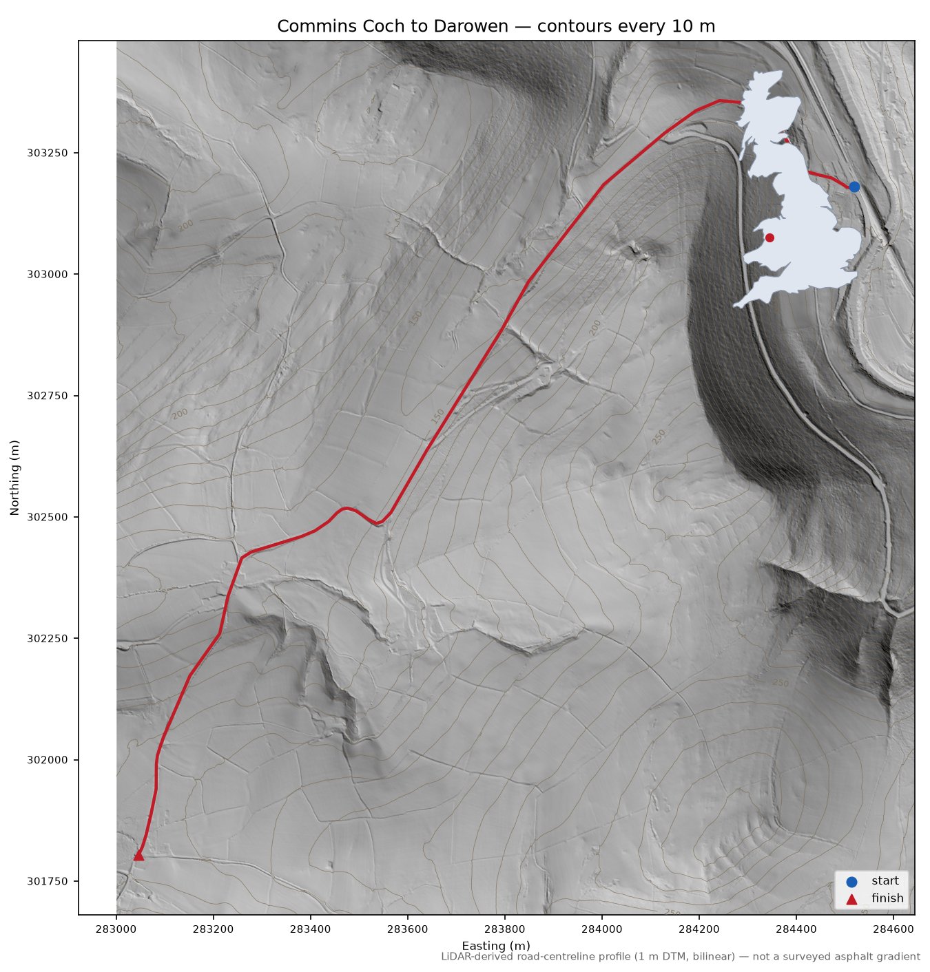 Commins Coch to Darowen LiDAR hillshade map with contours