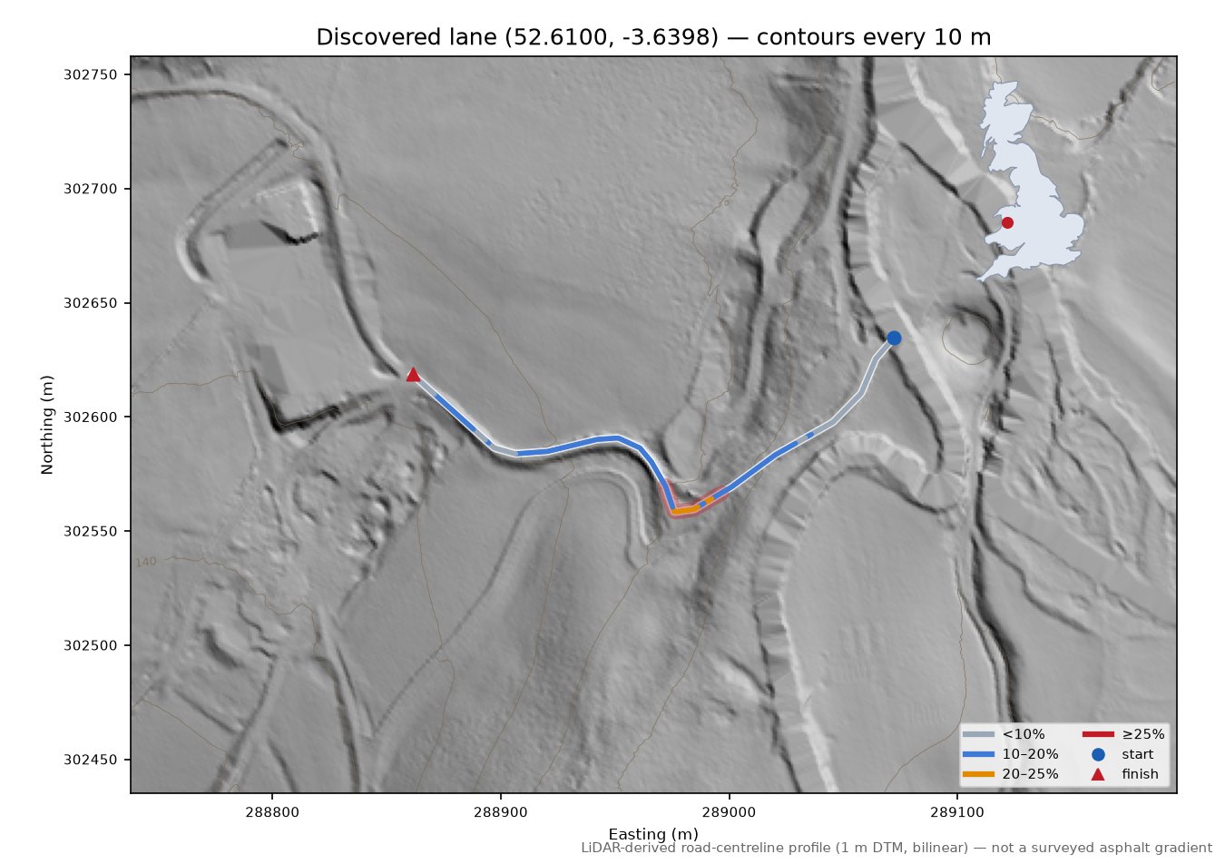 Discovered lane (52.6100, -3.6398) LiDAR hillshade map with contours