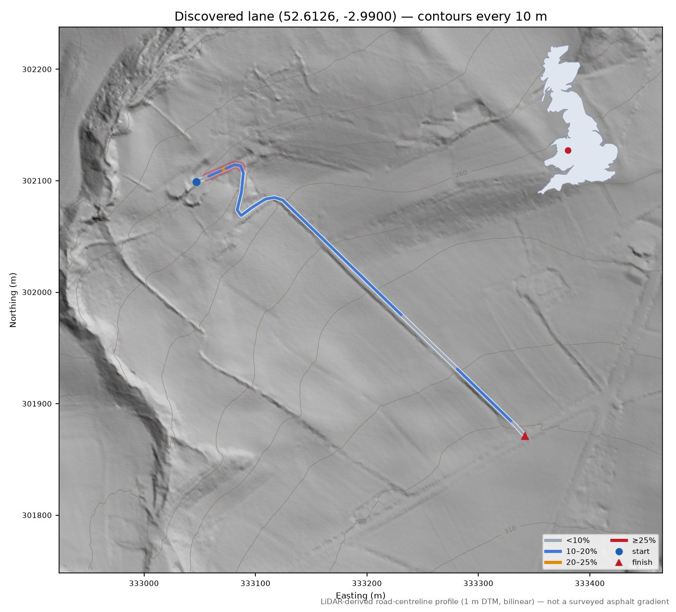 Discovered lane (52.6126, -2.9900) LiDAR hillshade map with contours