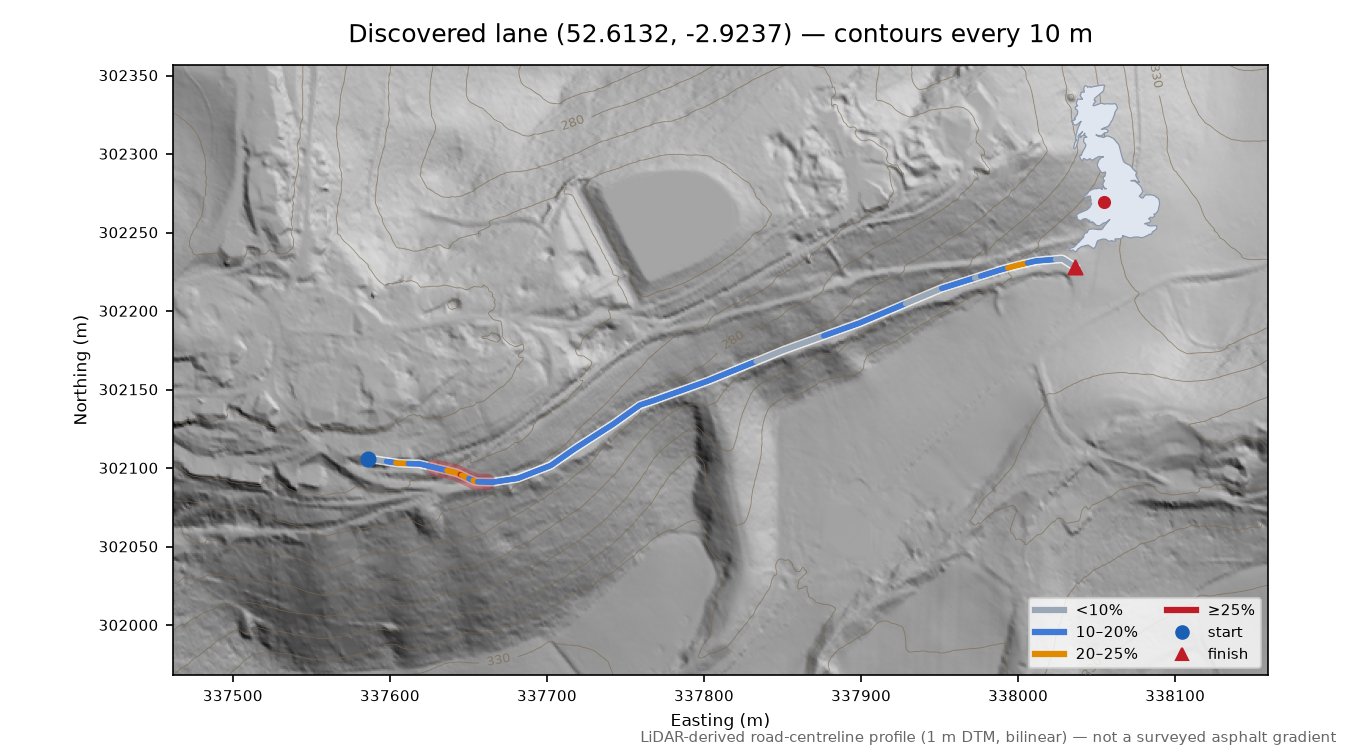 Discovered lane (52.6132, -2.9237) LiDAR hillshade map with contours