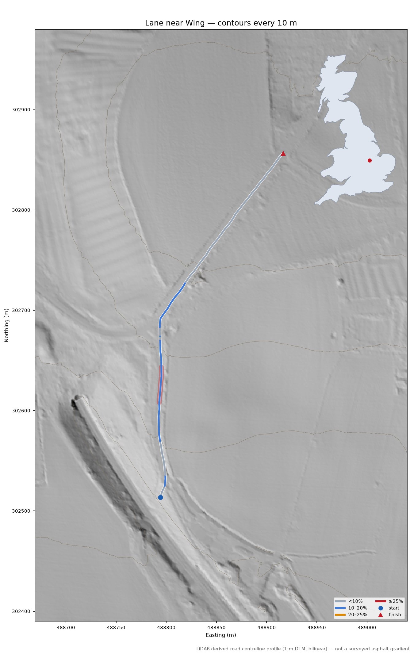 Lane near Wing LiDAR hillshade map with contours