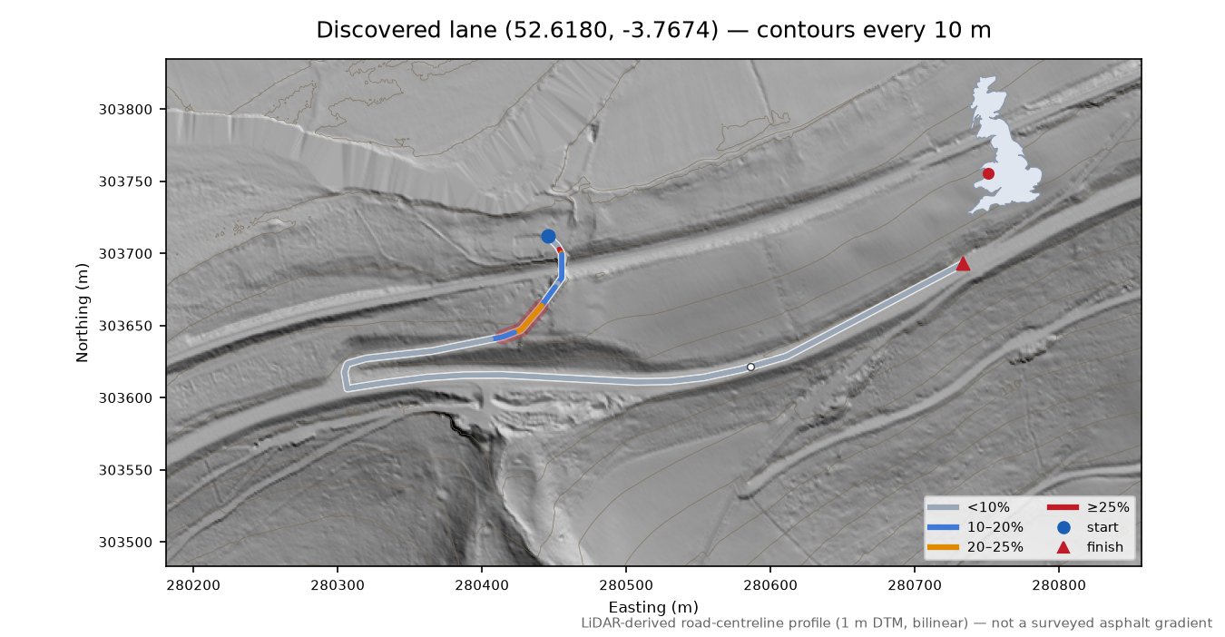 Discovered lane (52.6180, -3.7674) LiDAR hillshade map with contours